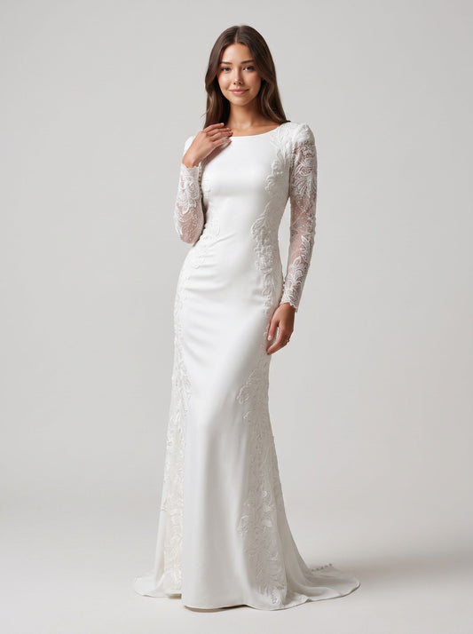 Ivory Crepe Sheath/column Boat Neck Back Zip Floor-Length Dress