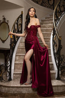 Burgundy Mermaid Off Shoulder Corset Side Train Slit Prom Gown