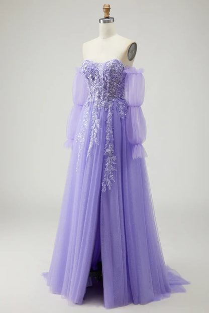 Gorgeous Prom Dress Sparkly Purple Sequin Floral A-Line Strapless with Detachable Sleeves Backless Side Fork Ruched Bargain Long Wedding Guest Dress