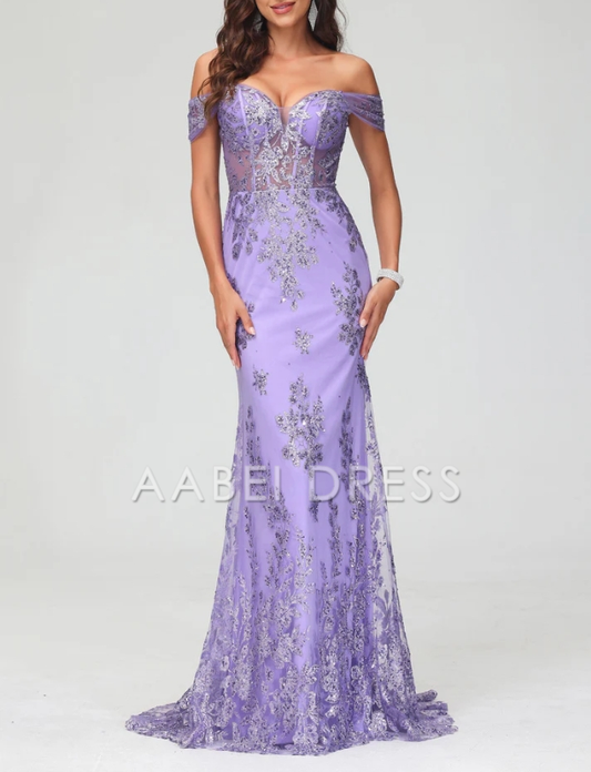 AABEI DRESS Luxurious Mermaid Off Shoulder Lace Applique Sweep Train Dress Exquisite Evening Dress