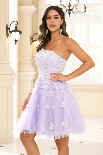 AABEI DRESS Short Dress Unique A-Line One-Shoulder Spaghetti Straps 3D Butterfly Decal Ruffles Fashion New Homecoming Dress