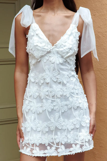 Sheath V Neck Tied Shoulder Embellished White Lace Flower Exquisite Mini Dress Hot Sale Homecoming Dress