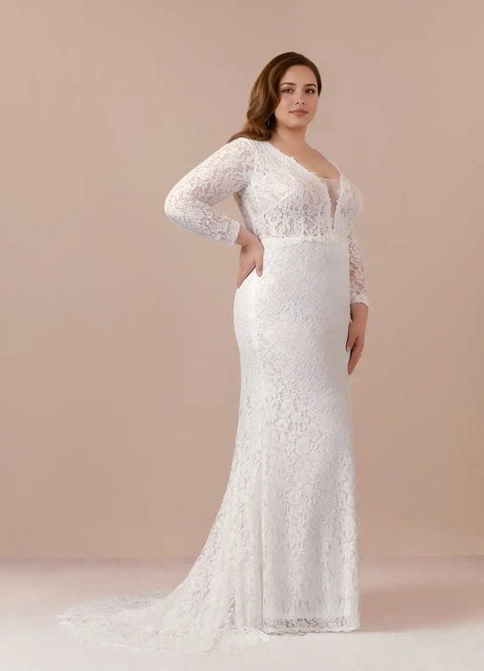 Exquisite Lace Mermaid Deep Plunge V-Neck Long Sleeves Retro Elegant Plus Size Hot Sale Wedding Dress