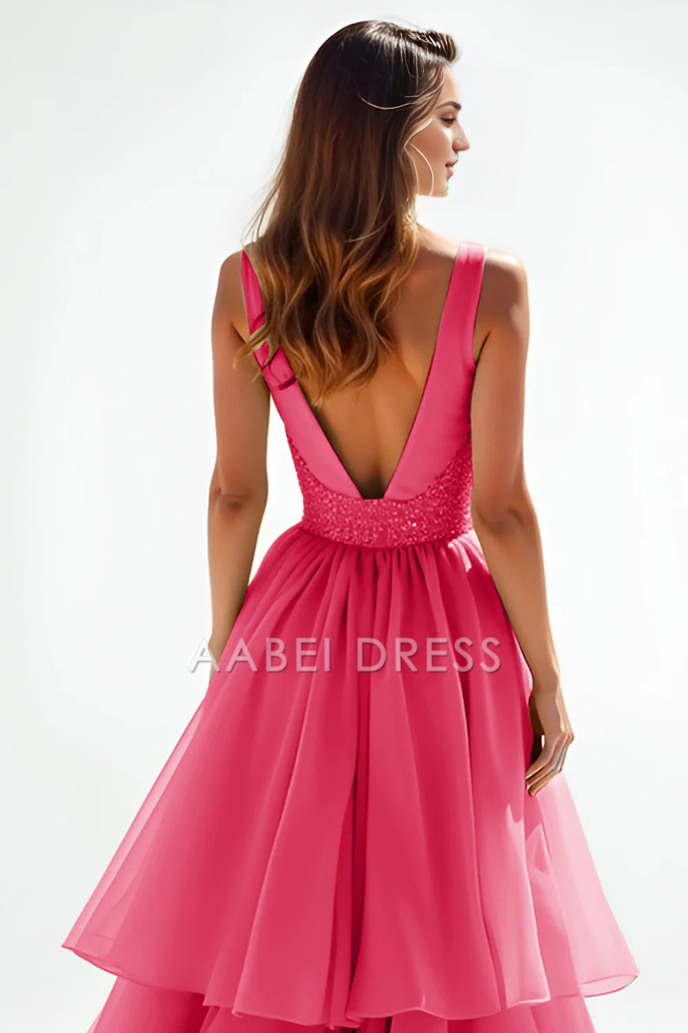 AABEI DRESS Hot Sale Prom Dress Exquisite A Line V Neck Backless Tiered Ruched Fashion Long Formal Dress