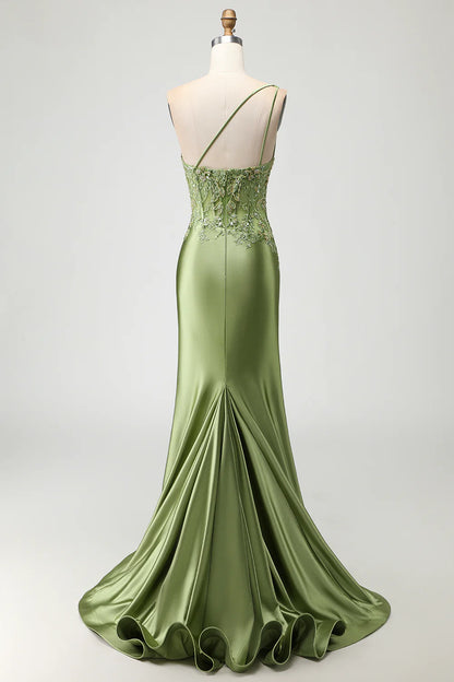 Wonderful Prom Dress Sparkly Green Mermaid One Shoulder Sleeveless Beading Lace Applique Pleated with Slit Backless Bargain Long Wedding Guest Dress