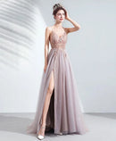 Dusty Rose Spaghetti Strap V Neck Tulle Prom Dress Beaded Bodice With Side Slit