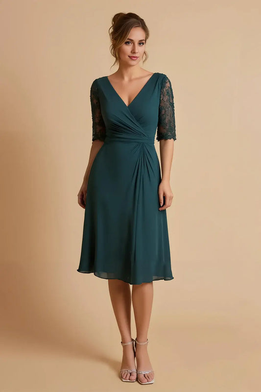 Wedding Guest Dress Dark Green Chiffon A Line V Neck Lace 1/2 Sleeve Ruched Retro Hot Sale Midi  Mother of the Bride Dress