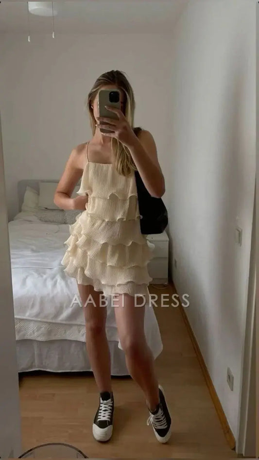 AABEI DRESS Short Party Dress New Arrival Spaghetti Strap Sleeveless Multi-Layered Ruched Homecoming Dress
