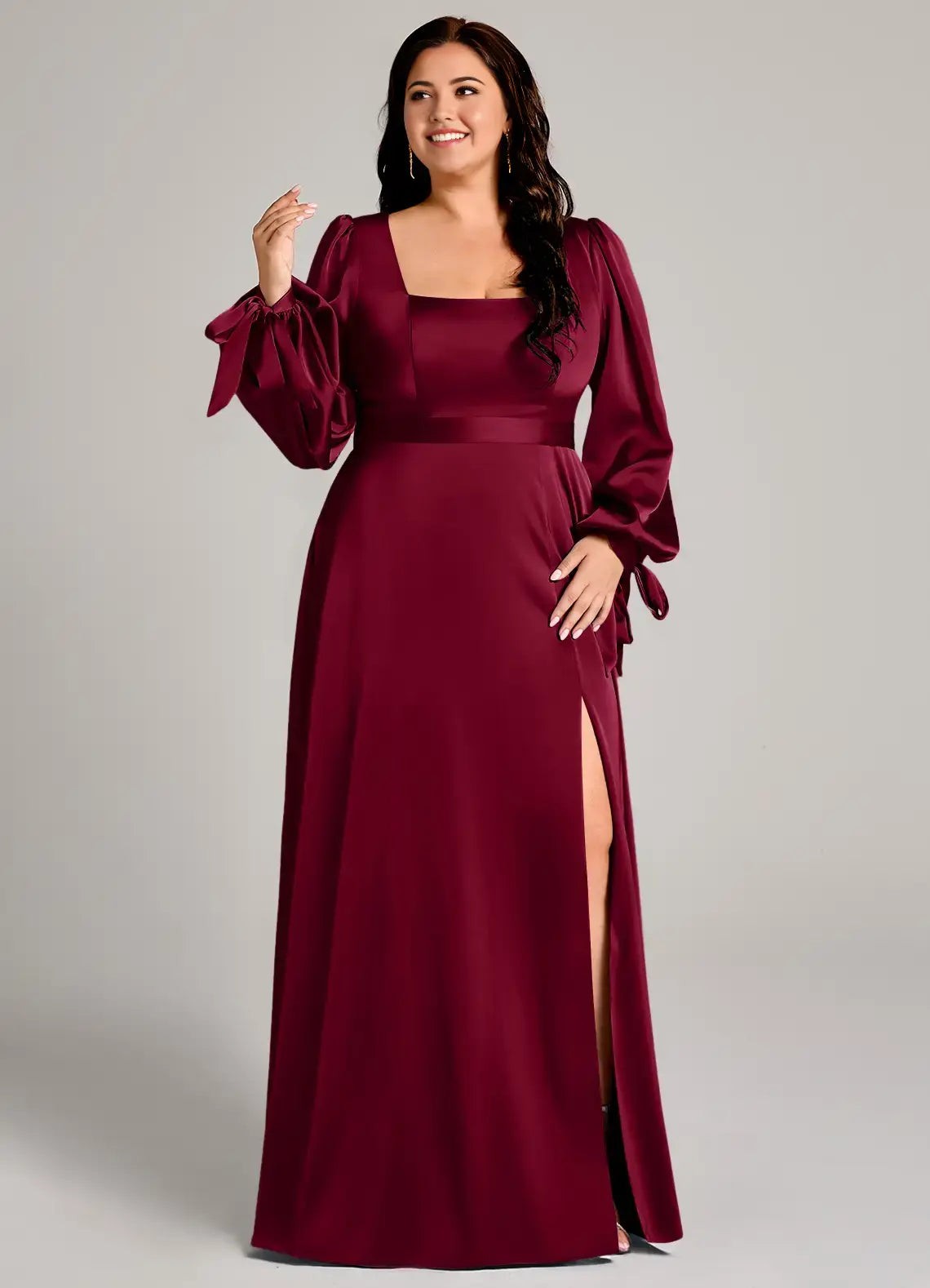 Wedding Guests Dresses Burgundy Minimalist A-Line Square Neck Long Sleeve Side Fork Plus Size Formal Dress Discount Hot Sale Prom Dress