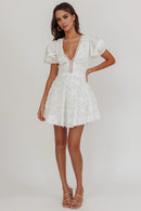 Chic A Line V-Neck Puff Sleeve Jacquard White Cute Mini Dress Hot Sale Homecoming Dress