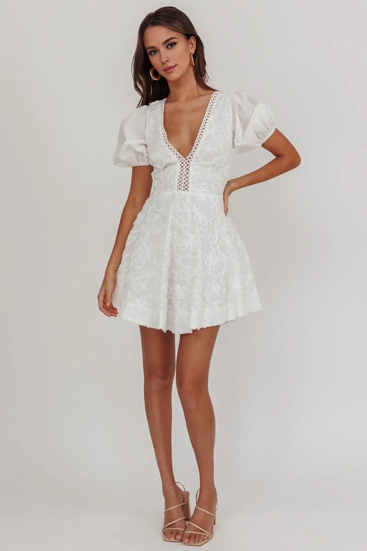 Chic A Line V-Neck Puff Sleeve Jacquard White Cute Mini Dress Hot Sale Homecoming Dress