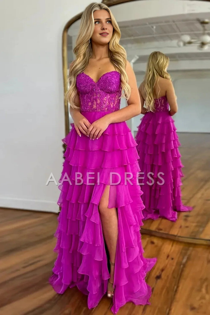AABEI DRESS Prom Dress Elegant A-Line Sweetheart Lace And Chiffon Layering With Slit Long Exquisite Formal Dress