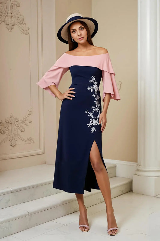 Pink and Navy Satin Sheath Off The Shoulder Flutter Sleeves Embroidered Flowers with Slit Retro Midi Wedding Guest Dress Hot Sale Mother of the Bride Dresses