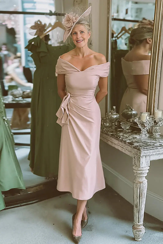 Blush Pink Elegant Sheath Off the Shoulder Sweetheart Neckline Pleated Backless Wedding Guest Dress For Women New Style Mother of the Bride Dress
