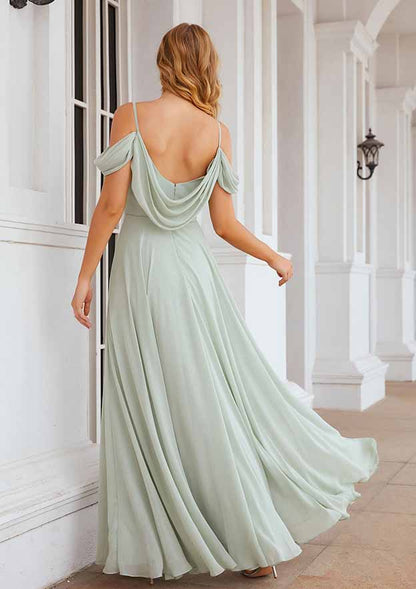 Fashion Chiffon A-line Off-the-Shoulder V Neck Sleeveless With Ruched Affordable Floor-Length Bridesmaid Dress