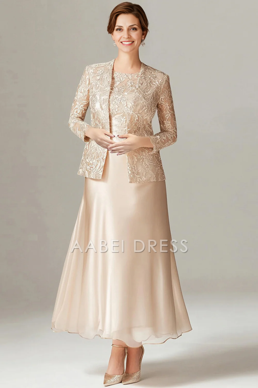 AABEI DRESS Mother Of The Bride Dress A-Line Boat Neck 2-Piece Lace Long Sleeves Fashion Formal Wear Dresses