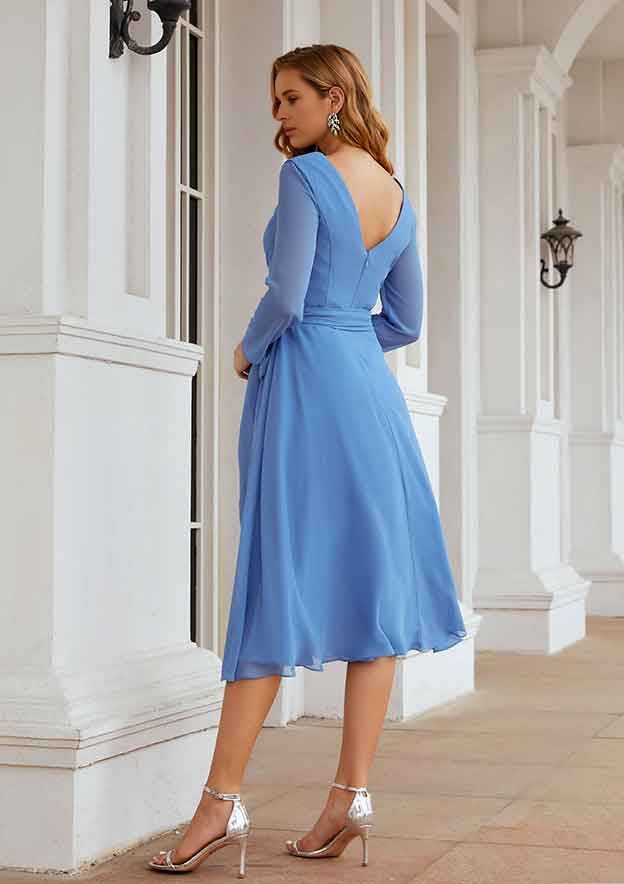 Elegant Simple Wedding Guest Dresses Blue Chiffon A-line V Neck Long Sleeve V Back With Pleated Waistband Tea-Length Bargain Mother of the Bride Dress