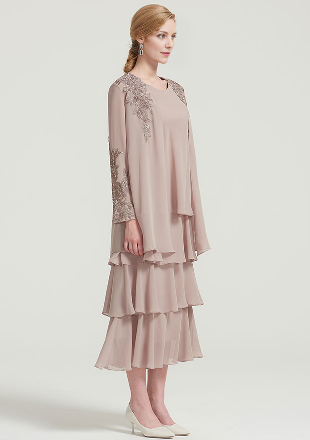 Fashion Wedding Guest Dresses Chiffon A-line Scoop Neck Sleeveless With Long Sleeves Jacket Lace Appliqued Layered Ruffles Tea-Length Bargain Mother of the Bride Dress