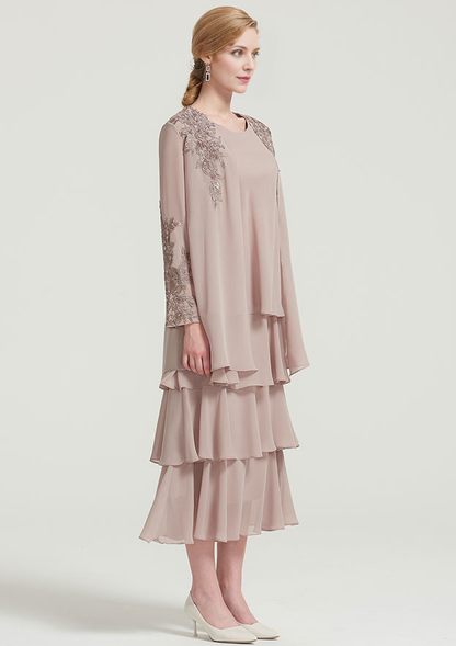 Fashion Wedding Guest Dresses Chiffon A-line Scoop Neck Sleeveless With Long Sleeves Jacket Lace Appliqued Layered Ruffles Tea-Length Bargain Mother of the Bride Dress