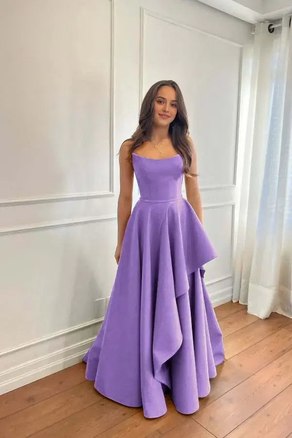 Elegant Satin A-Line Strapless Sleeveless With Tiers Ruffles Long Affordable Prom Dress