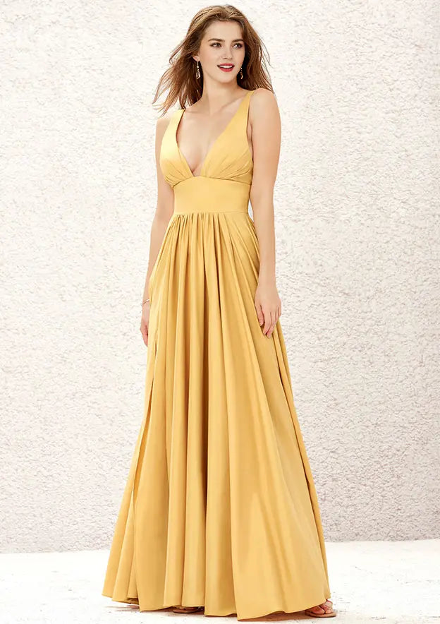 Gold A-line Deep V Neck Sleeveless Ruched Backless With Split Affordable Floor-Length Bridesmaid Dress