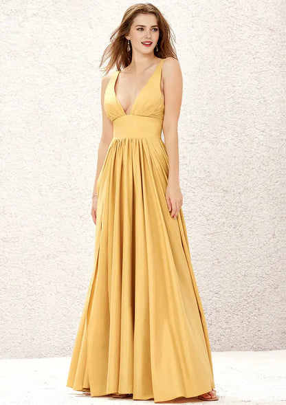 Gold A-line Deep V Neck Sleeveless Ruched Backless With Split Affordable Floor-Length Bridesmaid Dress