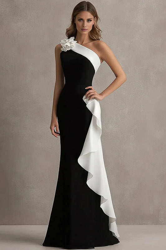 Black White One Shoulder Sleeveless with 3D Flowers Ruched Long Formal Dress Elegant Evening Dresses