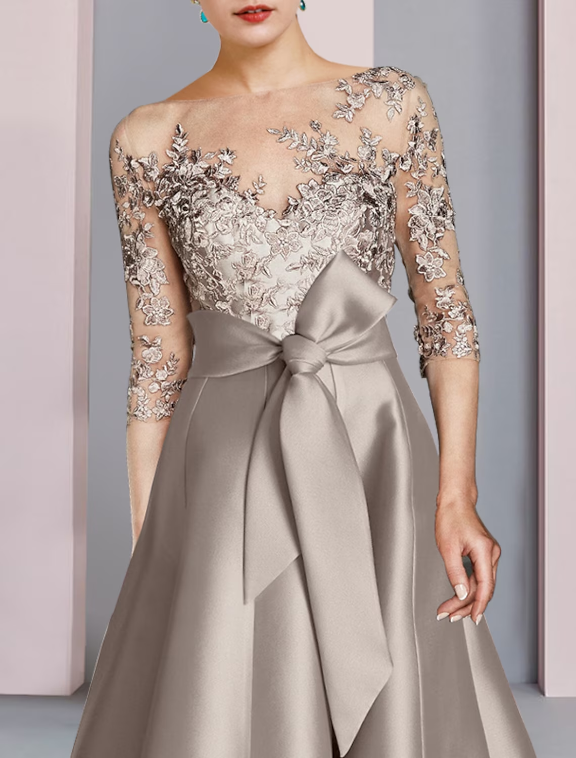 Two Piece A-Line Mother of the Bride Dress Formal Church Party Elegant Scoop Neck Tea Length Satin Lace Half Sleeve with Appliques