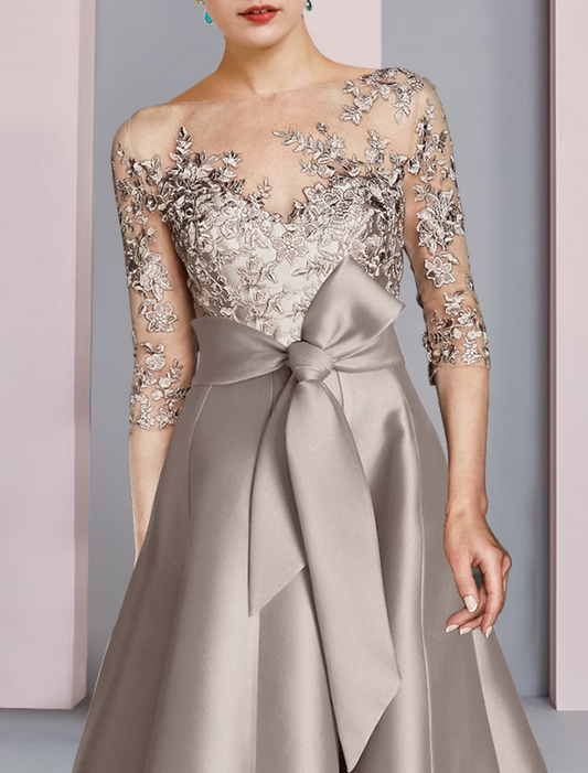 Two Piece A-Line Mother of the Bride Dress Formal Church Party Elegant Scoop Neck Tea Length Satin Lace Half Sleeve with Appliques