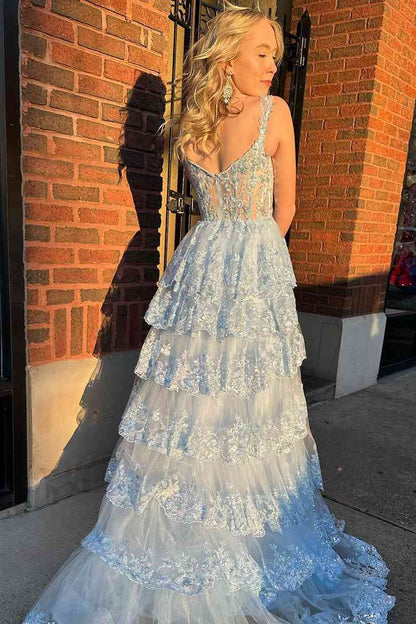 A Line Prom Dress Lace Sweetheart Tiered Long with Slit