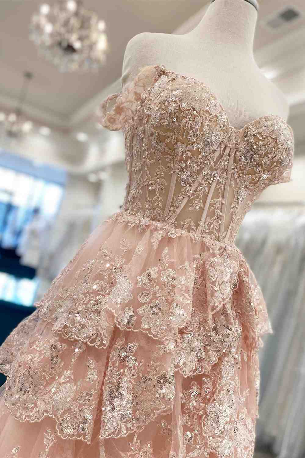 A Line Prom Dress Lace Sweetheart Tiered Long with Slit