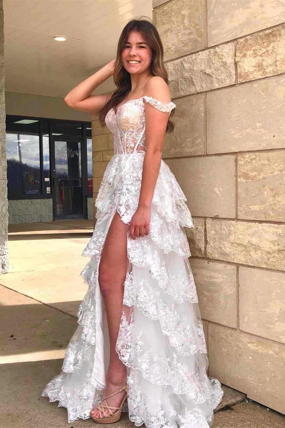 A Line Prom Dress Lace Sweetheart Tiered Long with Slit