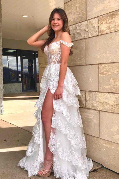 A Line Prom Dress Lace Sweetheart Tiered Long with Slit