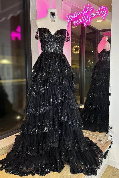 A Line Prom Dress Lace Sweetheart Tiered Long with Slit