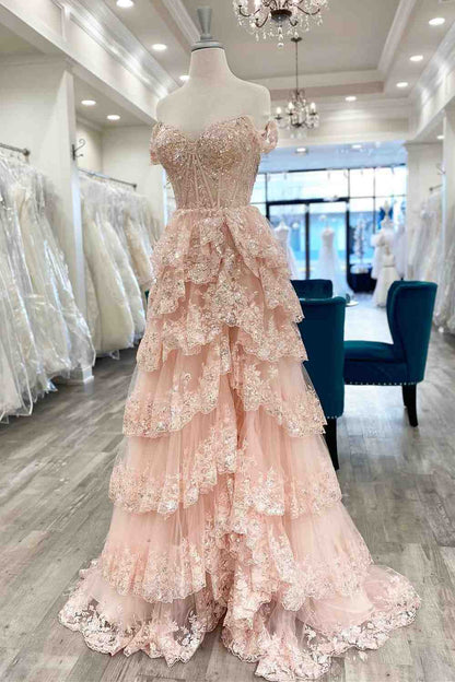 A Line Prom Dress Lace Sweetheart Tiered Long with Slit
