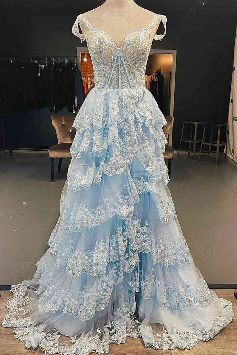 A Line Prom Dress Lace Sweetheart Tiered Long with Slit