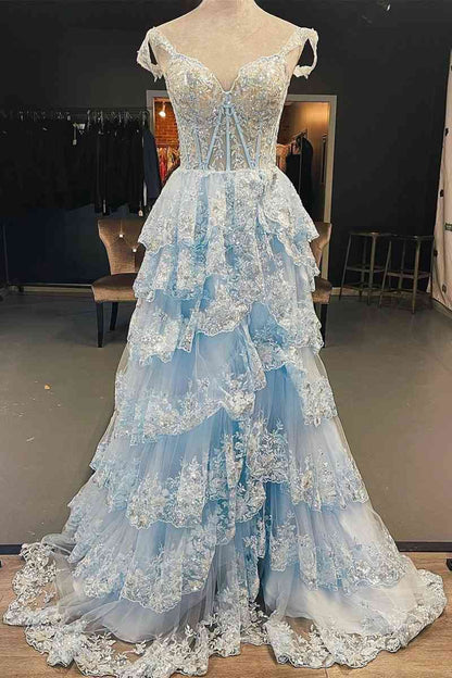 A Line Prom Dress Lace Sweetheart Tiered Long with Slit