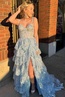 A Line Prom Dress Lace Sweetheart Tiered Long with Slit