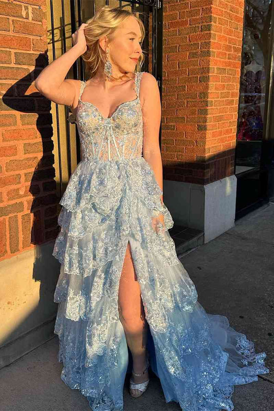 A Line Prom Dress Lace Sweetheart Tiered Long with Slit