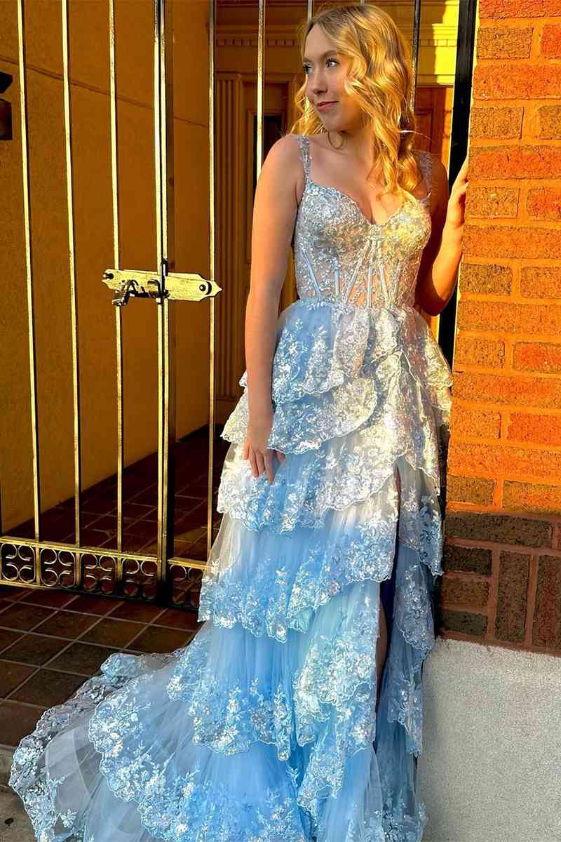 A Line Prom Dress Lace Sweetheart Tiered Long with Slit