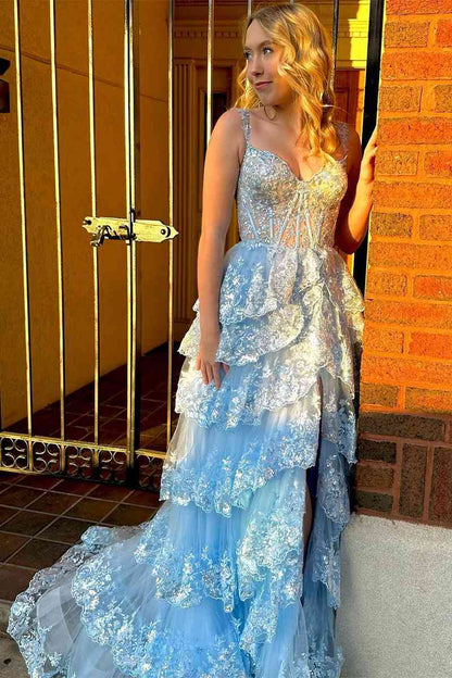 A Line Prom Dress Lace Sweetheart Tiered Long with Slit