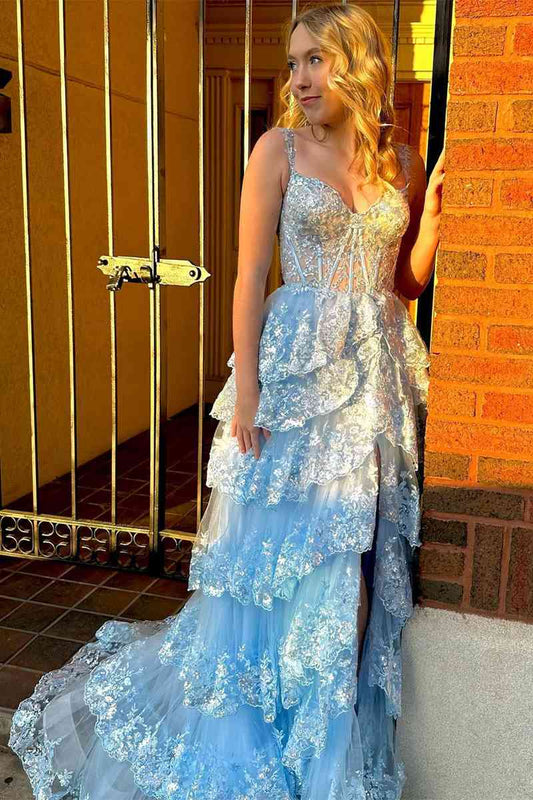 A Line Prom Dress Lace Sweetheart Tiered Long with Slit