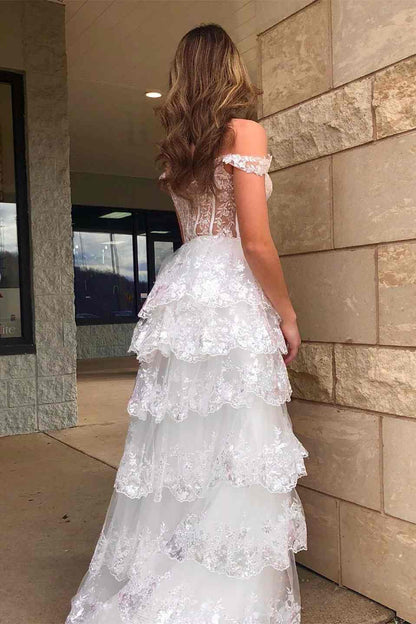 A Line Prom Dress Lace Sweetheart Tiered Long with Slit