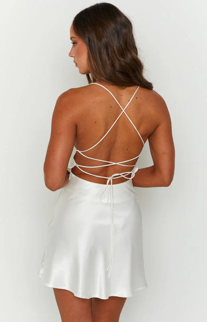 A-line Cowl-neck Lace-up-back Satin Mini Homecoming Dresses