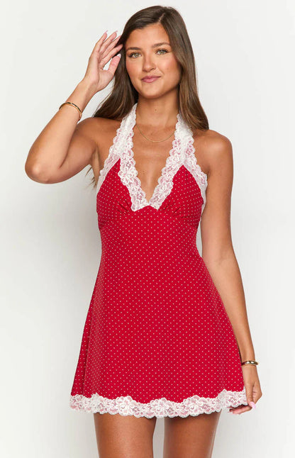 A-line Halter-neck Lace-trim Polka-dot Open-back Mini Homecoming Dresses