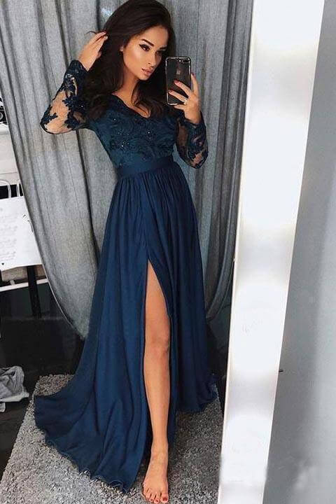 Prom Dresses A line Long Sleeve V Neck Slit Long Evening Dresses