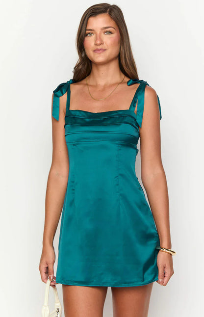 A-line Square-neck Bow-strap Open-back Satin Mini Homecoming Dresses