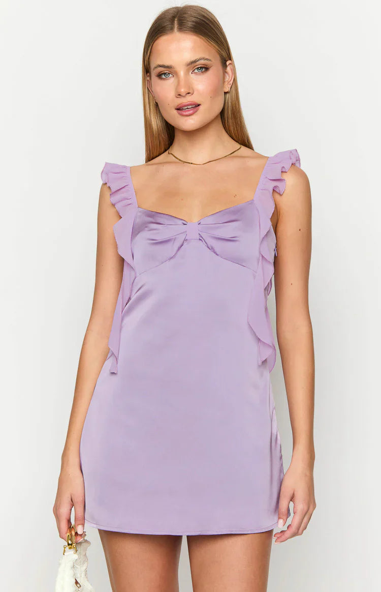 A-line Sweetheart-neck Bow-front Ruffle-strap Satin Mini Homecoming Dresses