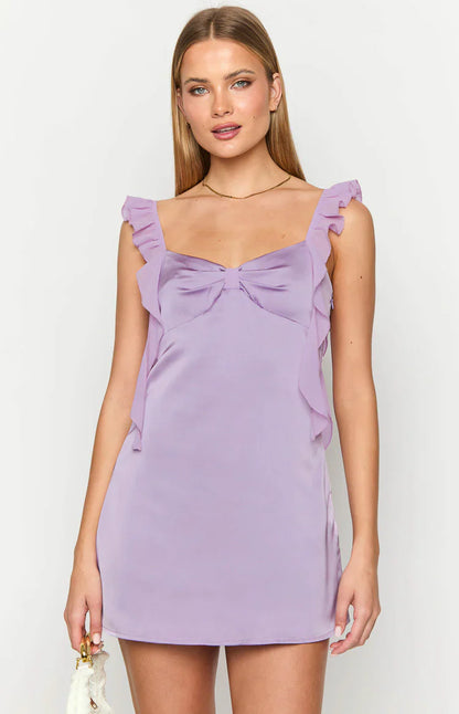 A-line Sweetheart-neck Bow-front Ruffle-strap Satin Mini Homecoming Dresses
