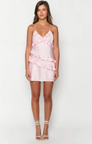 A-line V-neck Ruffled-tier Tie-back Mini Satin Homecoming Dresses